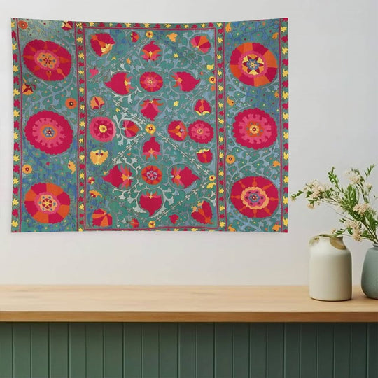 Bokhara Suzani Uzbekistan Embroidery Print With Sea Green Ground Print Tapestry