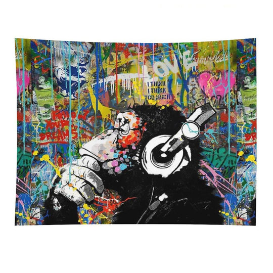 Monkey Thinker - Banksy Urban Contemporary Colorful Street Art -  DJ Chimp Tapestry