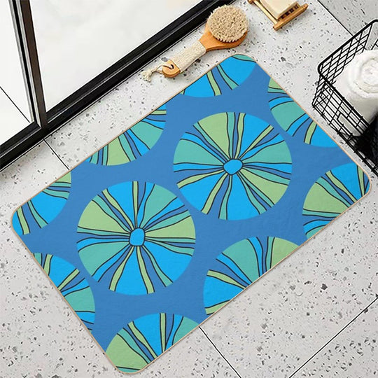 Modern Blue And Green Flower on Blue Durable Bath Mat