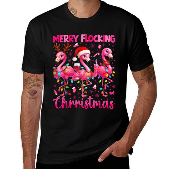 Merry Flocking Christmas Flamingo Drink Pjs Xmas Men  Easy-care T-Shirt