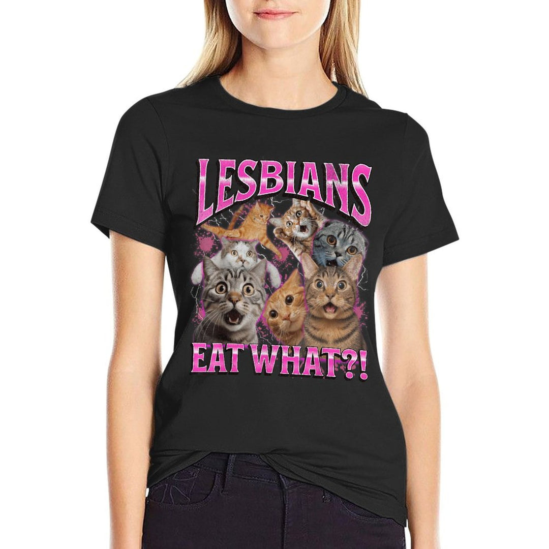 Lesbians Eat What! Funny Gay Cat Meme Bootleg Graphic Men Women  Rolled Sleeves T-Shirt