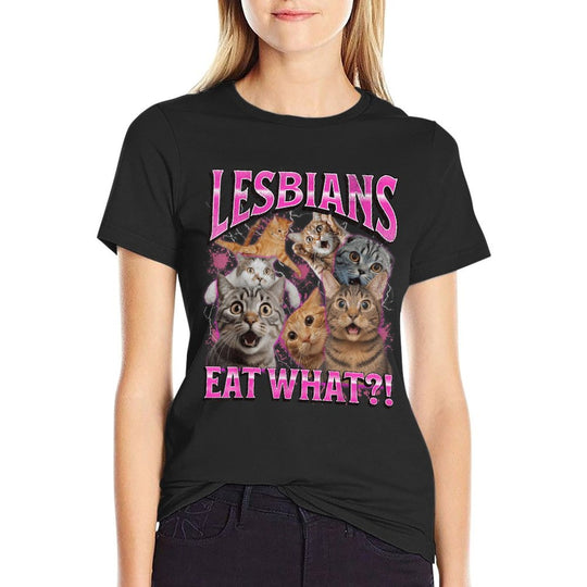 Lesbians Eat What! Funny Gay Cat Meme Bootleg Graphic Men Women  Rolled Sleeves T-Shirt