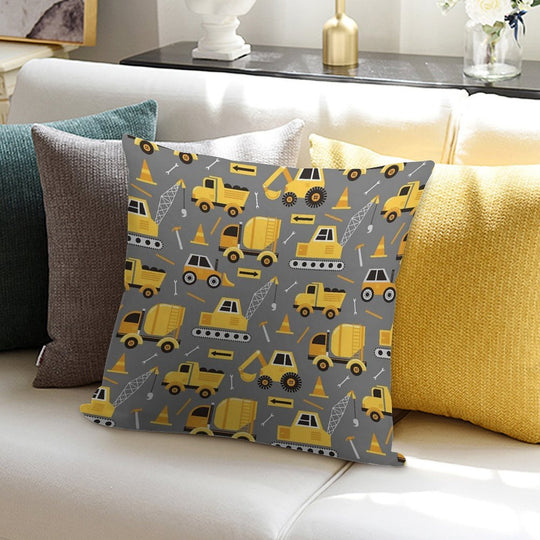Construction Trucks on Gray Soft Short Plush Fabric Throw Pillow