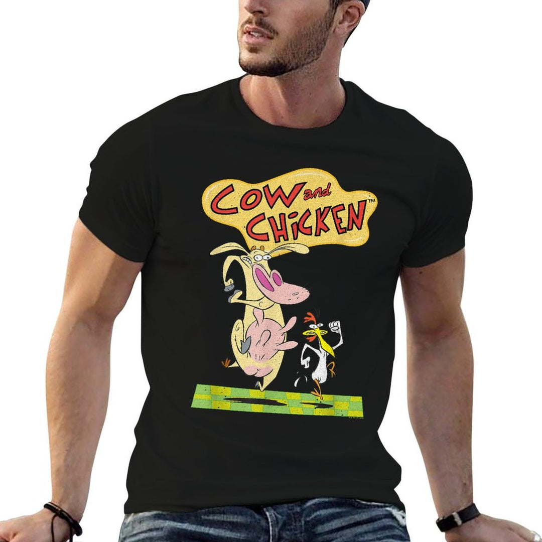 Cow And Chicken Vintage Running Characters Cartoon  Stretchy T-Shirt