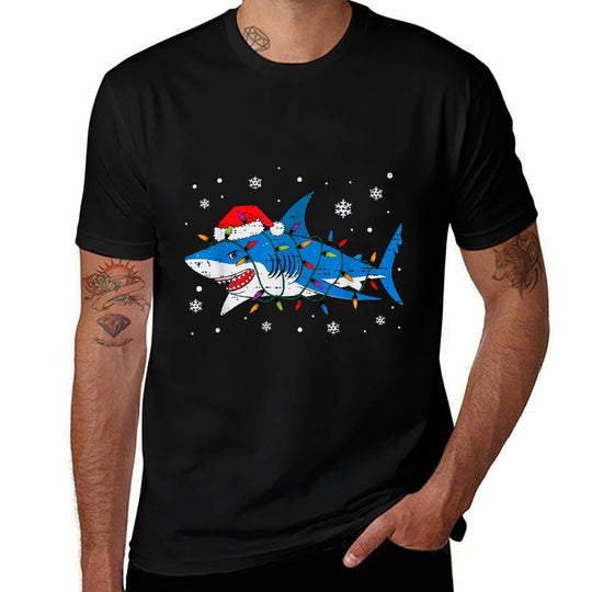 Shark Santa Hat Christmas Lights Xmas Pajama Men Women Kids  Versatile T-Shirt