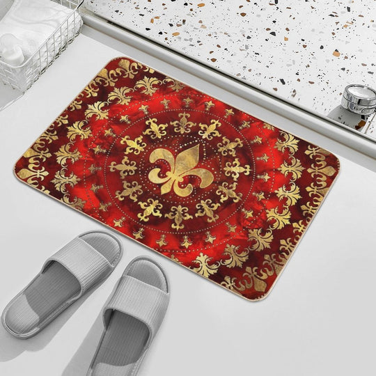Fleur-de-lis Ornament Red Marble And Gold  Long-Lasting Bath Mat