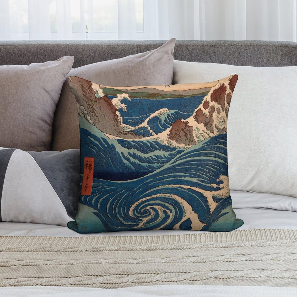 JAPAN UKIYO-E UTAGAWA HIROSHIGE WAVES Soft Reinforced Edging Throw Pillow