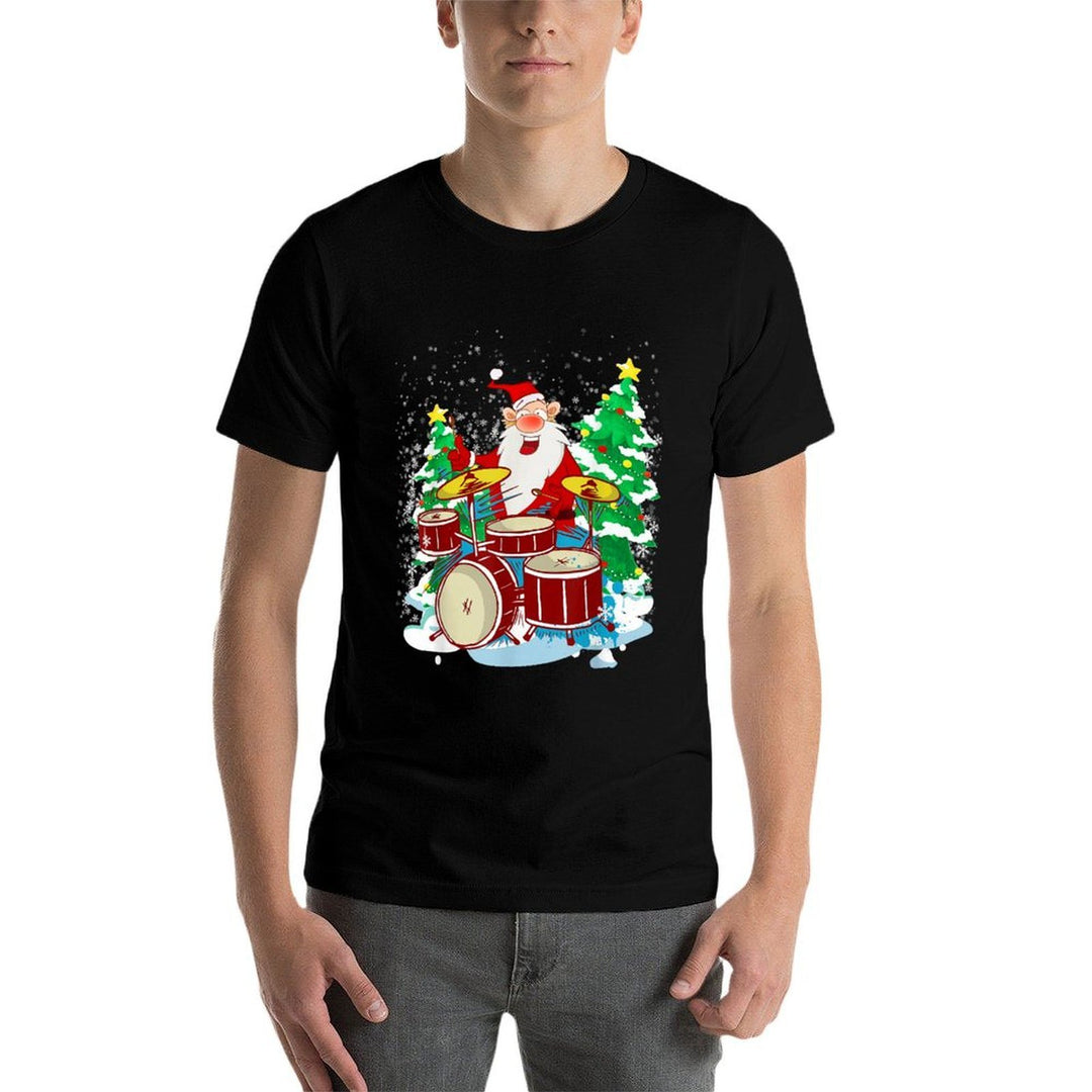 Funny Christmas Santa Playing The Drums Crazy Drummer Xmas  Rolled Sleeves T-Shirt