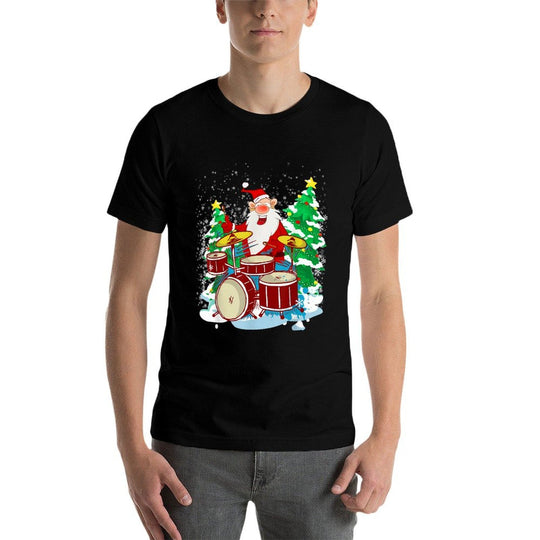 Funny Christmas Santa Playing The Drums Crazy Drummer Xmas  Rolled Sleeves T-Shirt