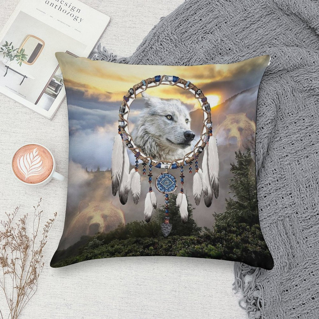 Wolf, Bear And Dream Catcher Soft High-Density Material Throw Pillow