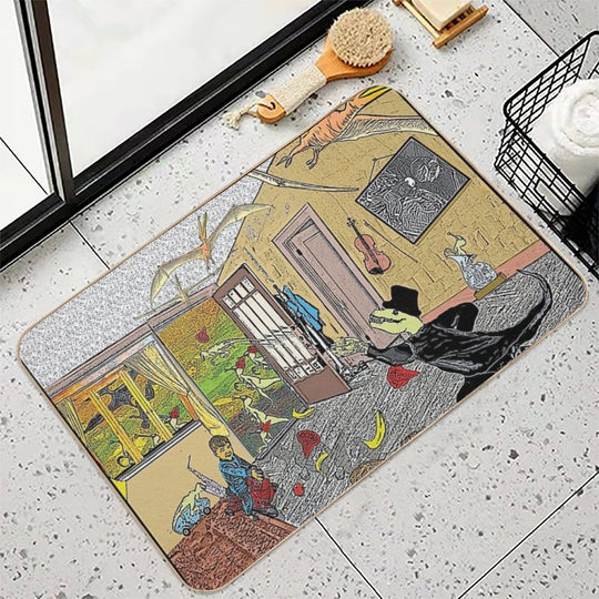 A Tuxedoed Dinosaur Helps Evict Rowdy Party-goers.  Toxin-Free Bath Mat