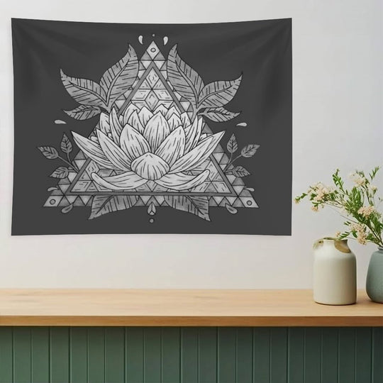 Grey Lotus Flower Geometric Design Tapestry