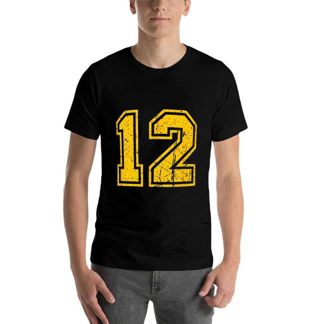 Number #12 Sport Yellow Vintage Number  Rolled Sleeves T-Shirt