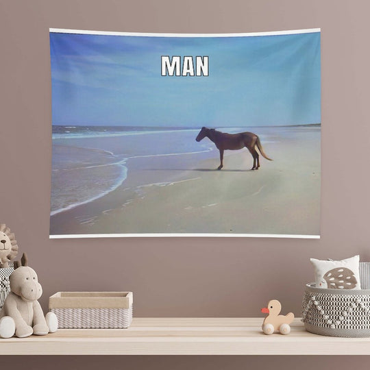Man ♞ HD  Horse on Beach Meme Tapestry