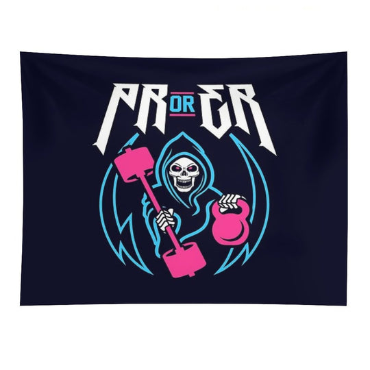 PR Or ER (Gym Reaper Kettlebell & Barbell) Funny Gym Ego Lifting Tapestry