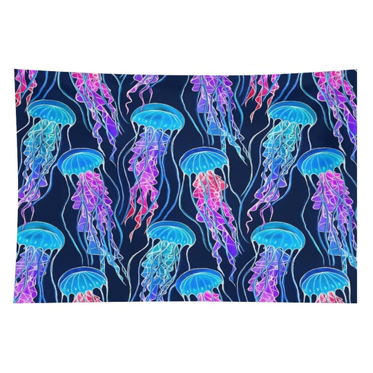 Luminescent Rainbow Jellyfish on Navy Blue Tapestry