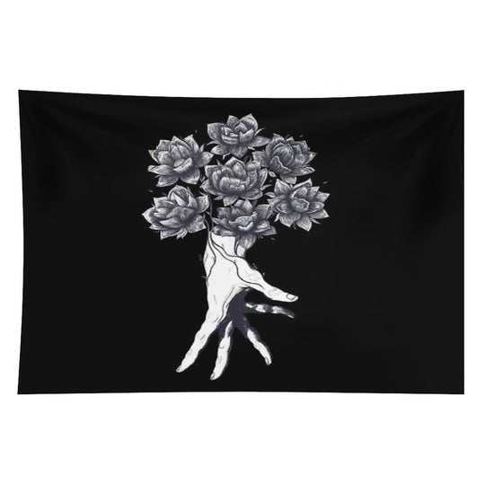 Hand with Lotuses on Black Tapestry