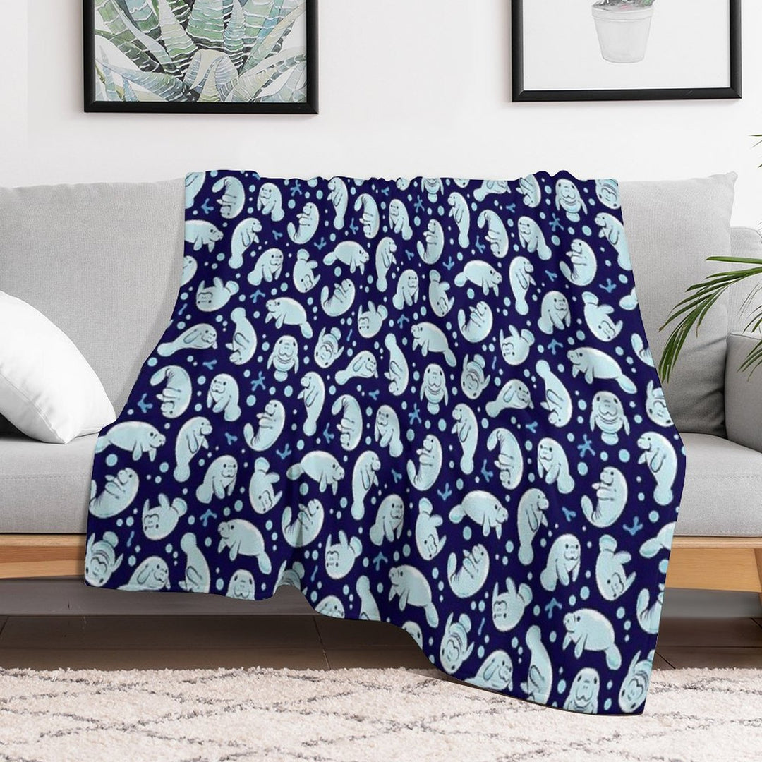 Cute Manatee Pattern - Blue Underwater Pattern Travel-friendly Throw Blanket