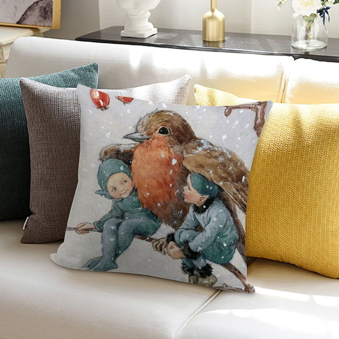 Christmas Elves Sheltering with A Robin - Margaret Tarrant Soft Ultra-Soft Texture Throw Pillow