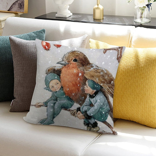 Christmas Elves Sheltering with A Robin - Margaret Tarrant Soft Ultra-Soft Texture Throw Pillow