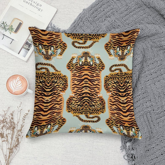 Cute Golden Tibetan Tiger Rug in Sage Soft High-Density Material Throw Pillow