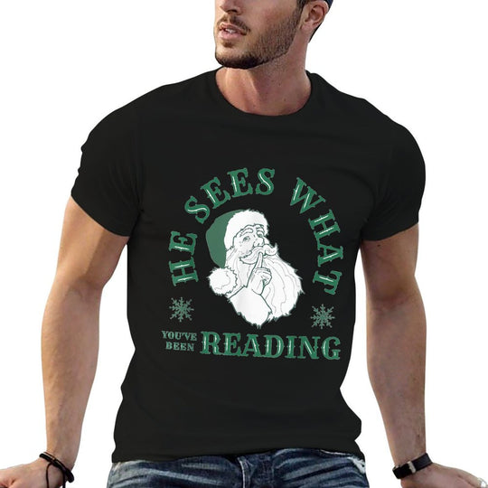 He Sees What Youve Been Reading Funny Bookish Christmas  Rolled Sleeves T-Shirt