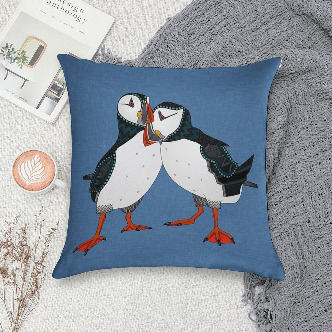 Puffin Pair Blue Soft Decorative Cover Throw Pillow