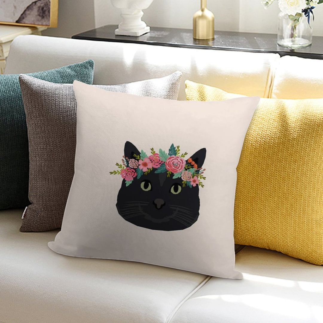 Black Cat Breed Floral Crown Black Cats Lover Pure Breed Gifts Soft Bedroom Essential Throw Pillow