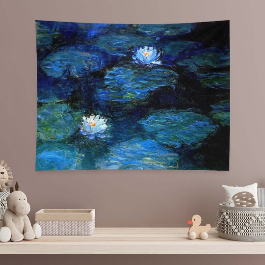 Water Lilies Monet Deep Blue Tapestry