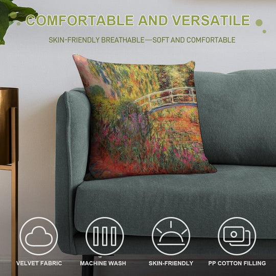 Monet The Japanese Bridge (The Water-Lily Pond, Water Irises) Soft Short Plush Fabric Throw Pillow