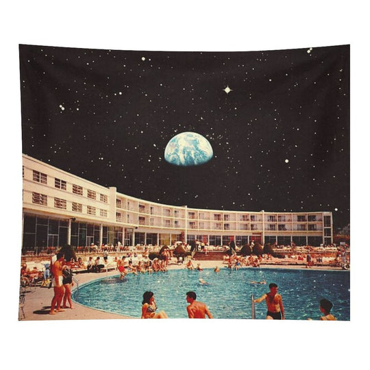 Lunar Pool Life - Retro-Futuristic Holiday Resort, Science Fiction Collage Tapestry
