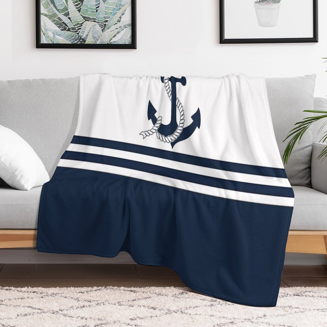Nautical Blue Anchors with Blue And White Stripes Quick-dry Throw Blanket