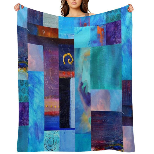 Classic Blue Collage Abstract Painting Art Plush Throw Blanket