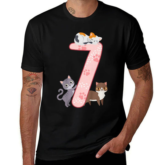 7th Birthday Girl Cats Outfit 7 Years Old  Ribbed Collar T-Shirt