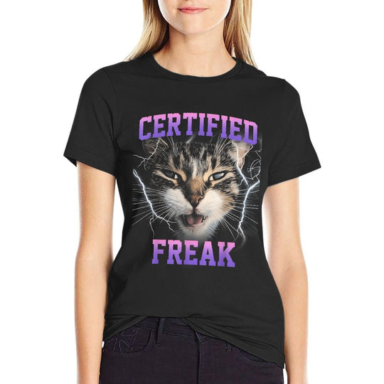 Funny Cat Meme Certified Freak Eat Cement Cursed  Easy-care T-Shirt