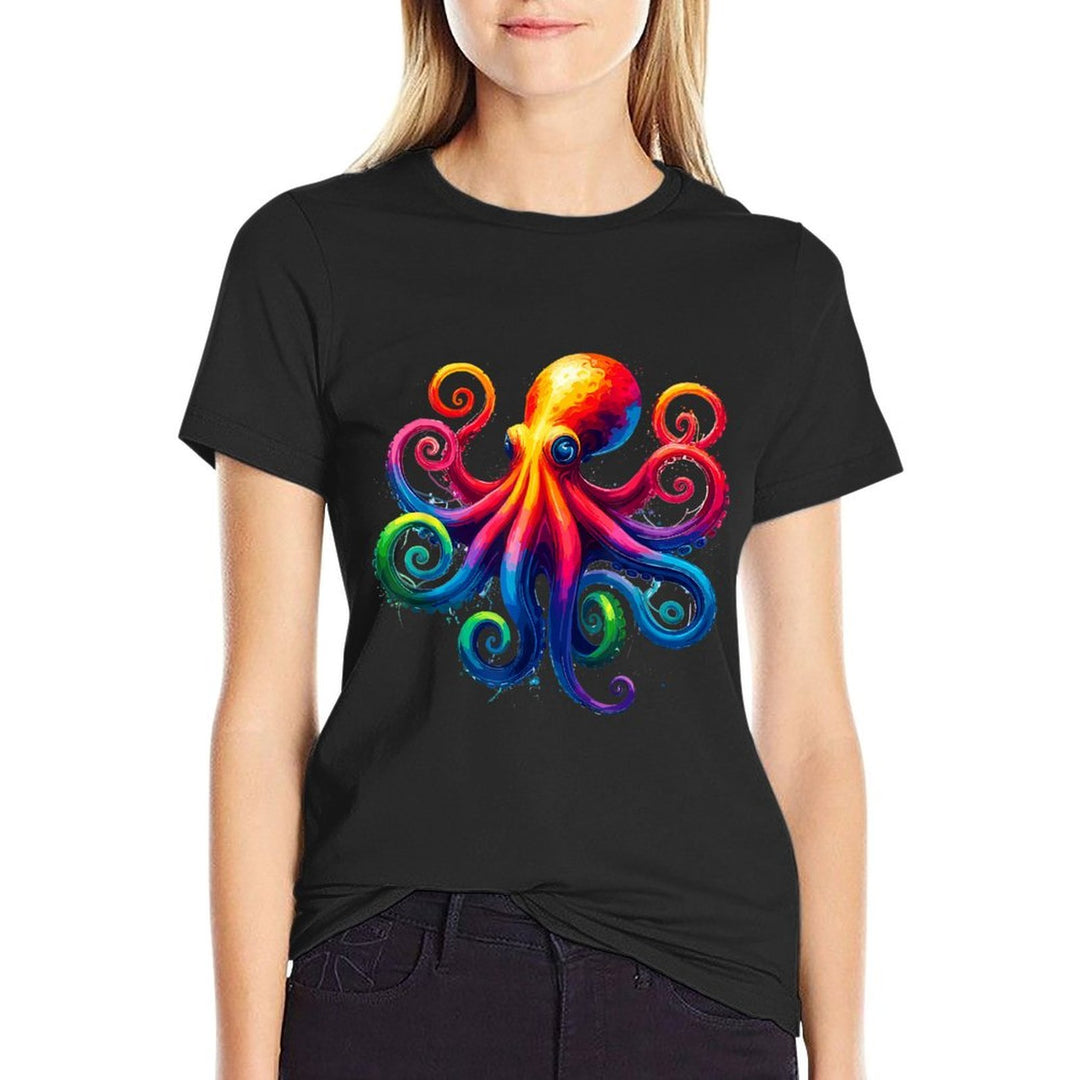 Vibrant Rainbow Octopus Psychedelic Art Sea Creature  Stretchy T-Shirt