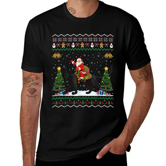 Funny Panther Lover Ugly Santa Riding Panther Christmas  Lightweight T-Shirt