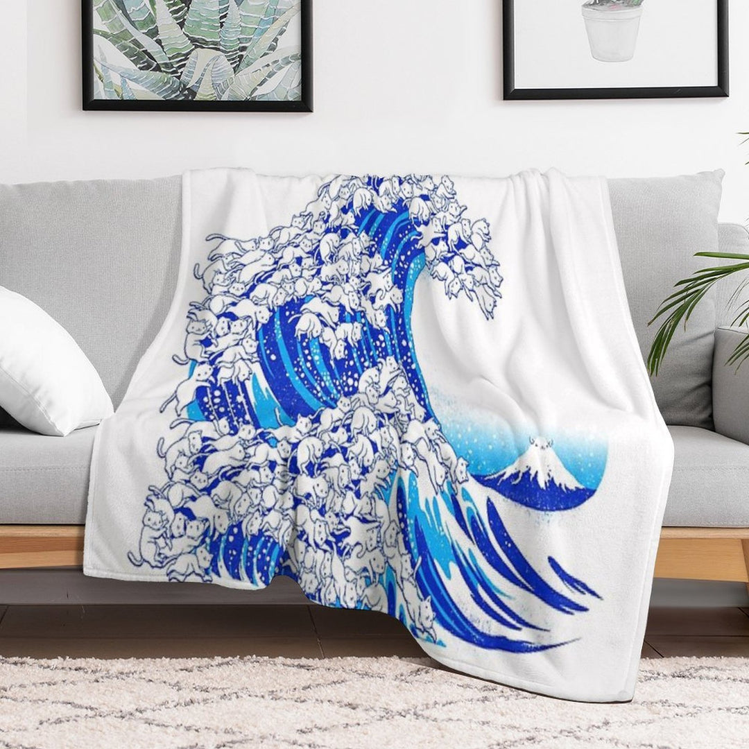 Kanagawa Cat Wave White Machine-washable Throw Blanket