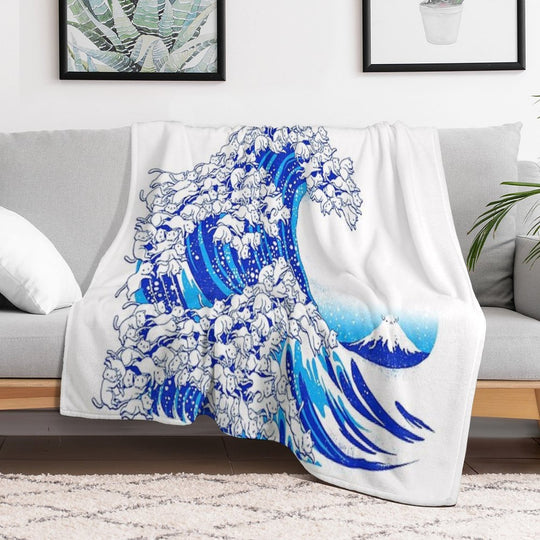 Kanagawa Cat Wave White Machine-washable Throw Blanket