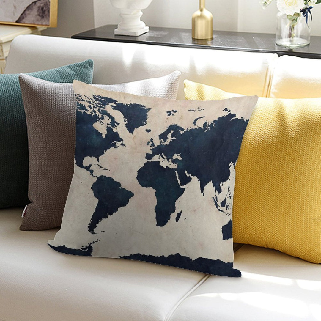 World Map Distressed Navy Soft High-Density Material Throw Pillow
