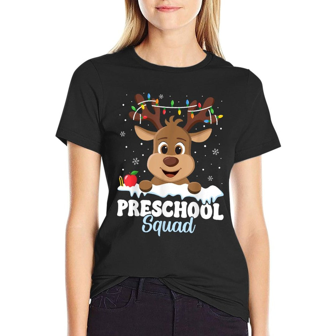 Preschool Teacher Christmas Preschool Squad Reindeer Xmas  Ribbed Collar T-Shirt