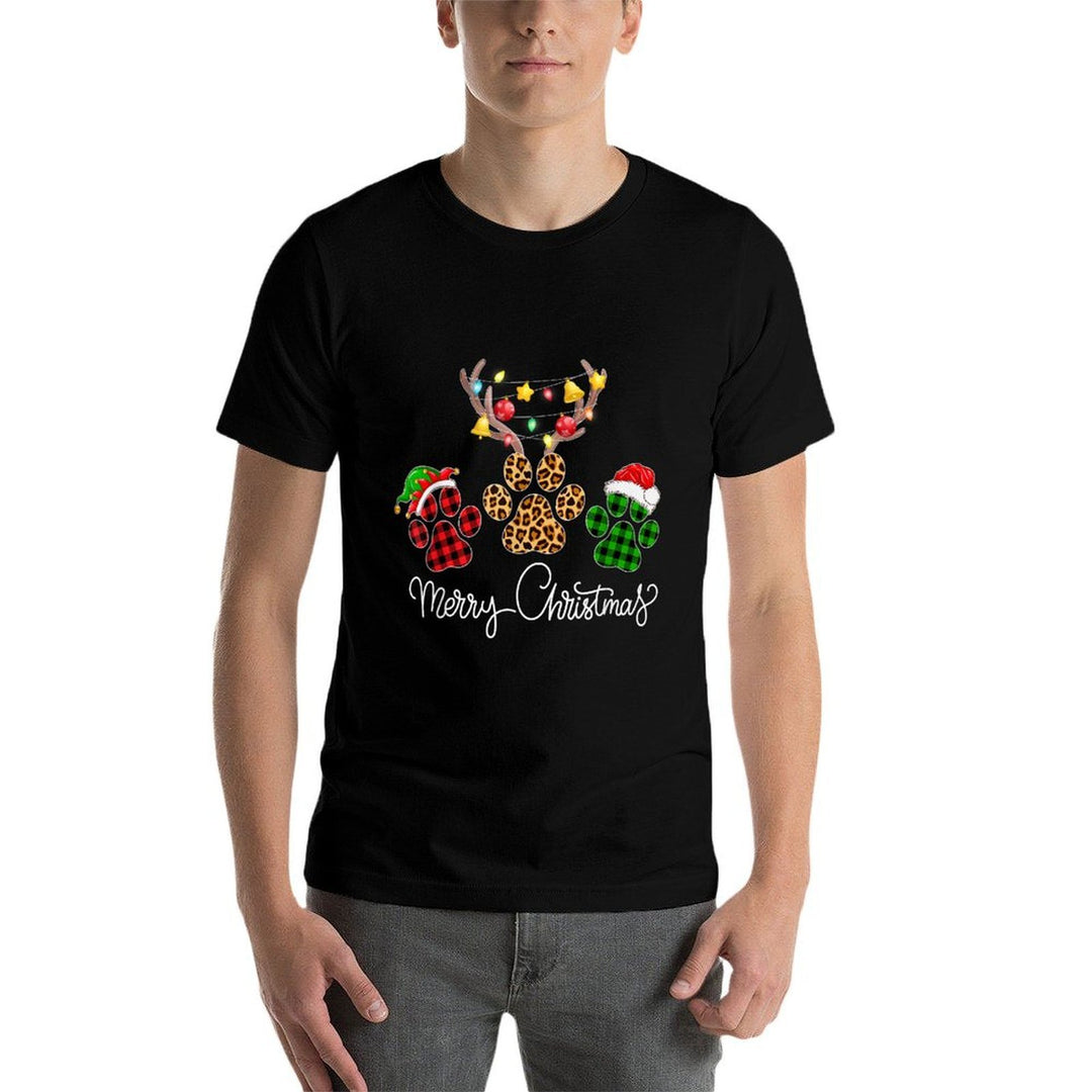 Merry Christmas Dog Paws Lights Buffalo Plaid  Leopard Xmas Men Women Kids  Heathered Texture T-Shirt