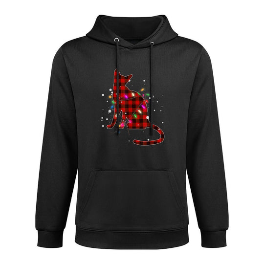 Red Buffalo Plaid Cat Christmas Pajamas Xmas Tree Lights for Men Women Kids Versatile Streetwear Hoodie