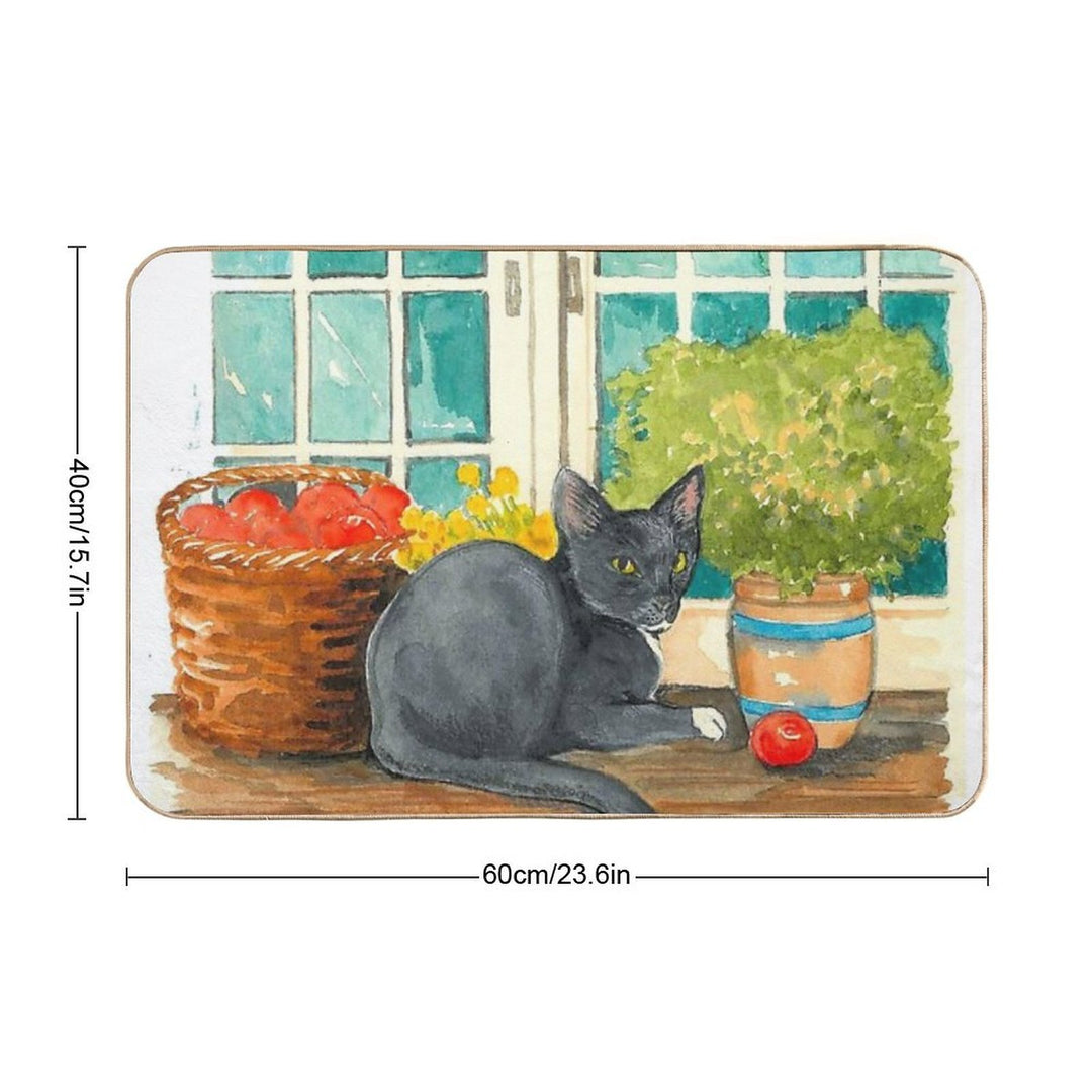 Black Cat on A Sunny Windowsill – Cozy Cottage Illustration  Fade-Resistant Bath Mat