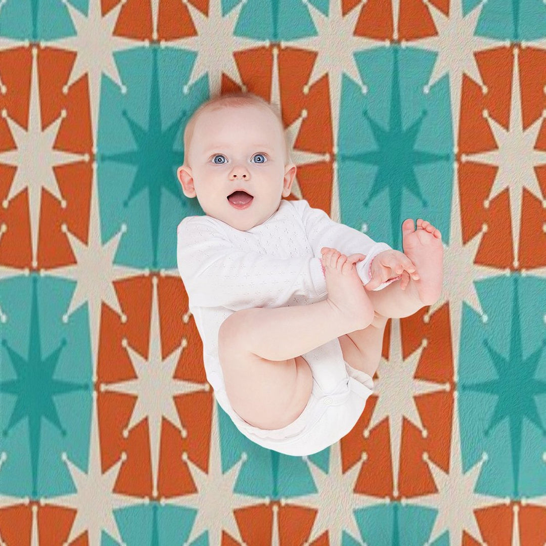 Mid Century Modern Atomic Stars Retro Checkered Starburst Pattern in Teal Turquoise Orange Plush Throw Blanket