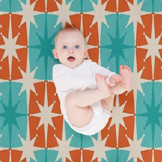 Mid Century Modern Atomic Stars Retro Checkered Starburst Pattern in Teal Turquoise Orange Plush Throw Blanket