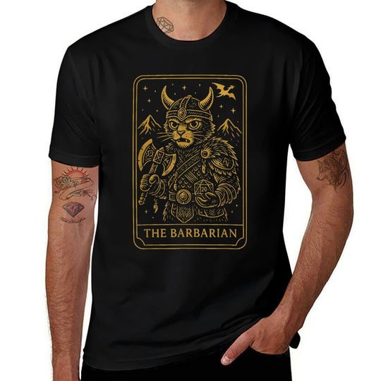 RPG Gamer Barbarian D20 Dice Nerdy Geek Cat Men Women Kids  Easy-care T-Shirt