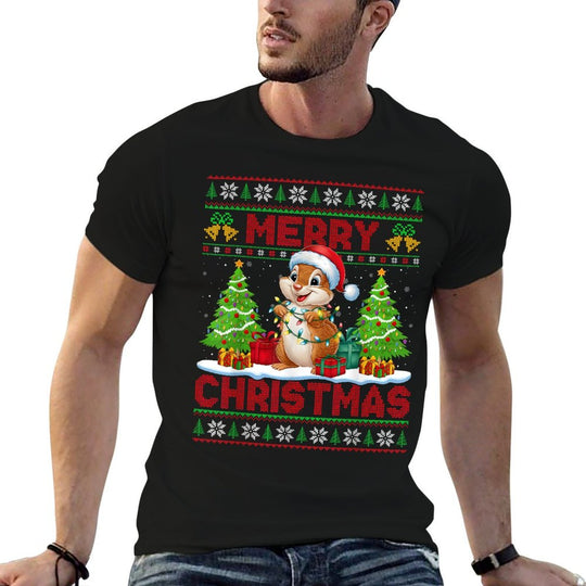 Xmas Tree Ugly Style Santa Hat Chipmunk Christmas  Slim-fit Cut T-Shirt