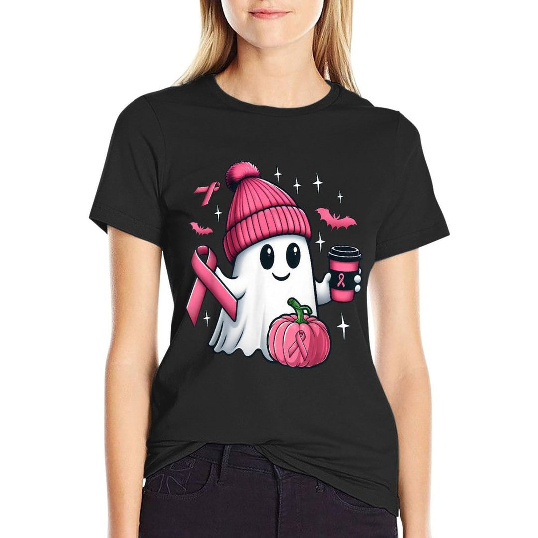 Cute Ghost Drinking Coffee Halloween Breast Cancer Awareness  Lightweight T-Shirt