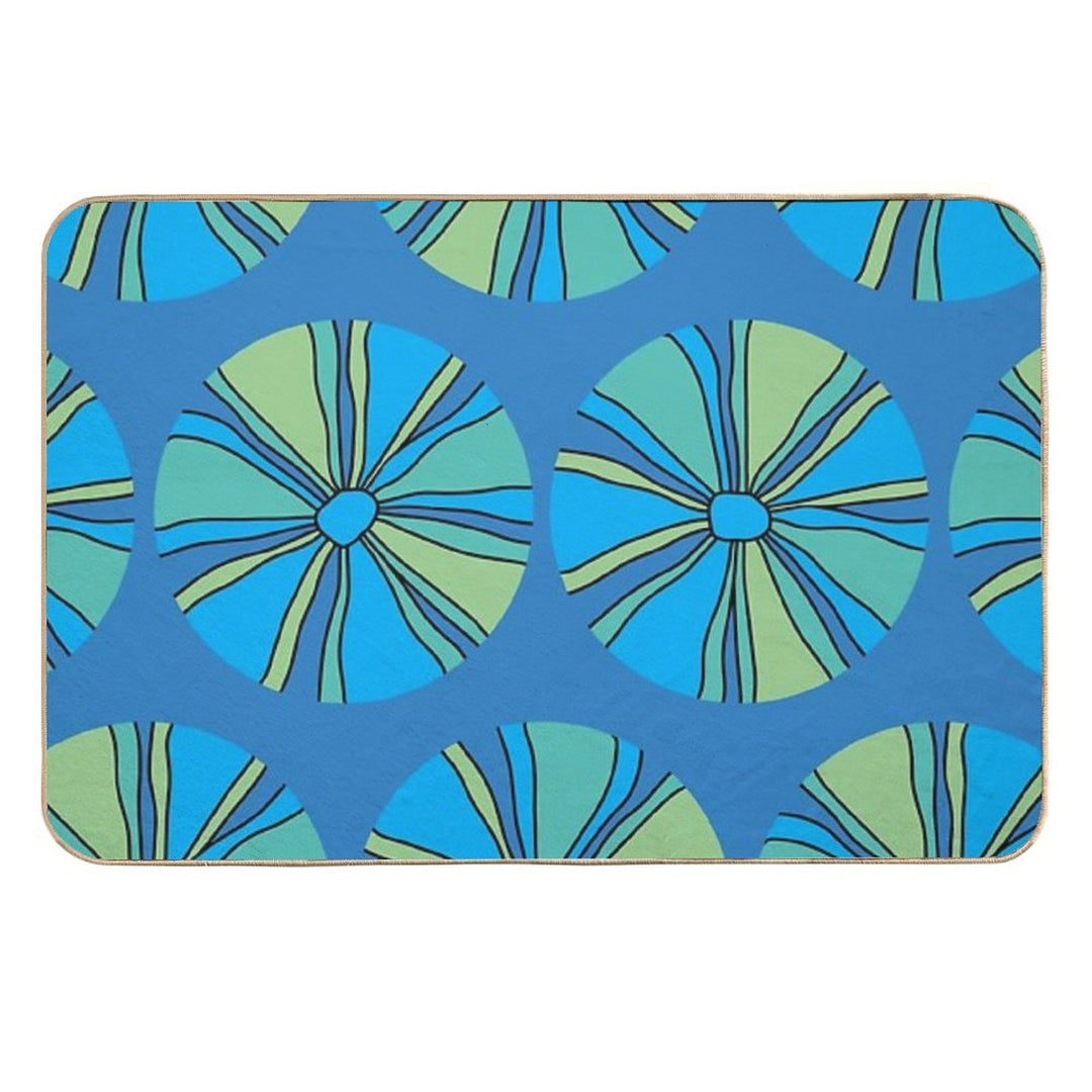 Modern Blue And Green Flower on Blue Durable Bath Mat